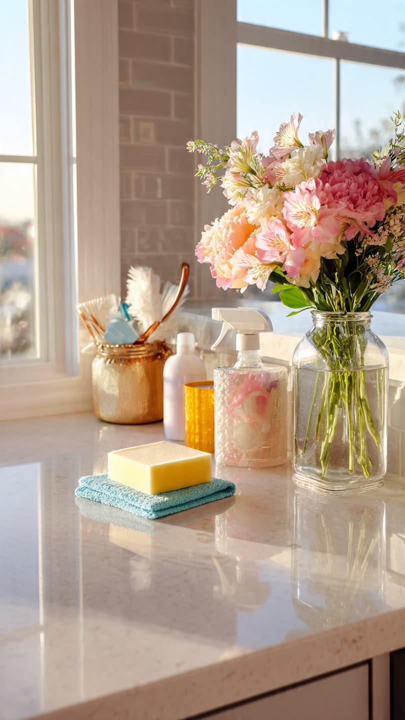 Flowers and soap on a kitchen counter