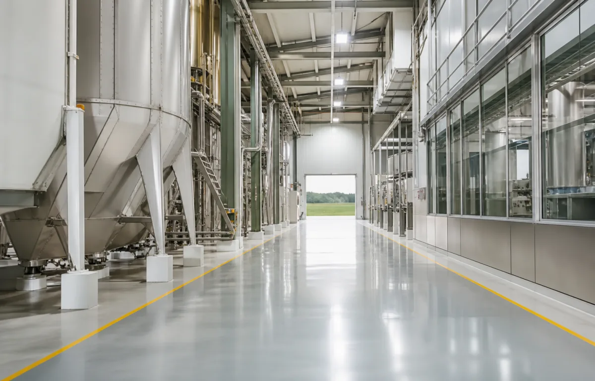 Clean agricultural production plant with polished floors and organized equipment
