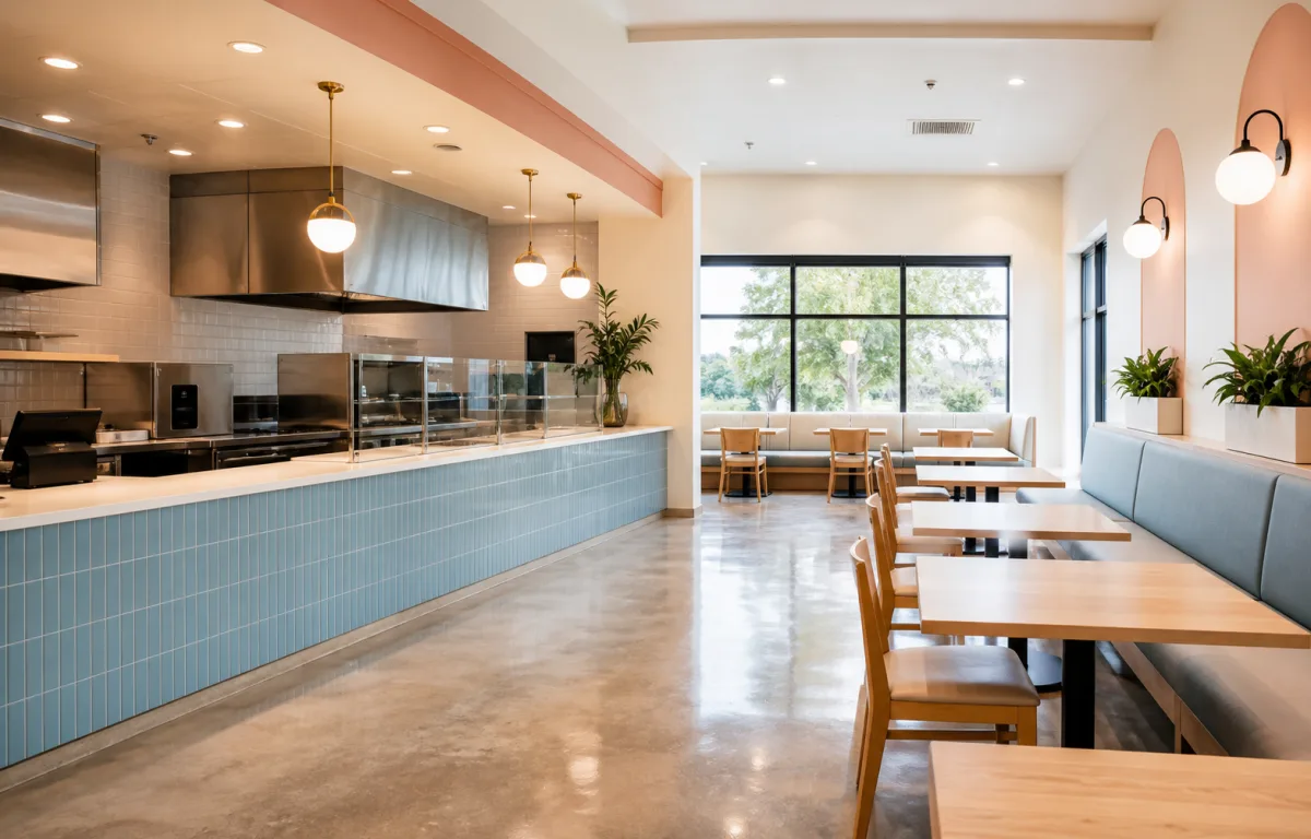 Spotless fast-casual restaurant interior after professional cleaning